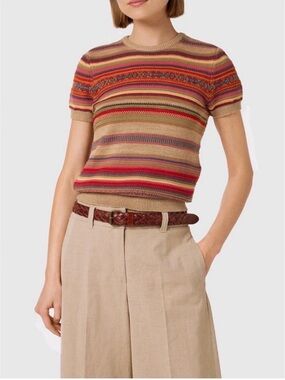 Lauren Ralph Lauren Geo-Striped Short-Sleeve Sweater Fair Isle Cotton Linen PM